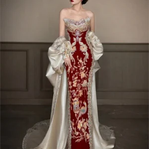 Red wedding new Chinese sense toasting dragon phoenix gown dress