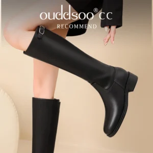 Ods Genuine Leather Knee High Boots for Women Round Toe Buckle Belt Black Chunky Heels Large Size Brand Ladies Knight Shoes45 46