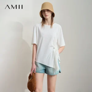AMII Minimalist Summer T-shirts for Women 2025 Round Neck Short Sleeve Loose Tops Female New Fashion Office Lady Shirt 12522042