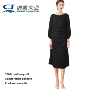 Luxury Mulberry Silk Dress Black 100% Silk Nine-point Sleeve Pleated Temperament Fashion Dress Outdoor Business Activities