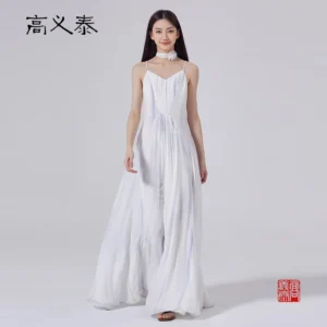 Gaoyitai printed Georgette pure silk sexy backless elegant flared playful and dynamic purple printed strappy dress