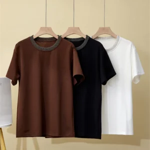 Summer Women Short Sleeved Bead Chain Round Neck Loose Casual Versatile T-Shirt Top