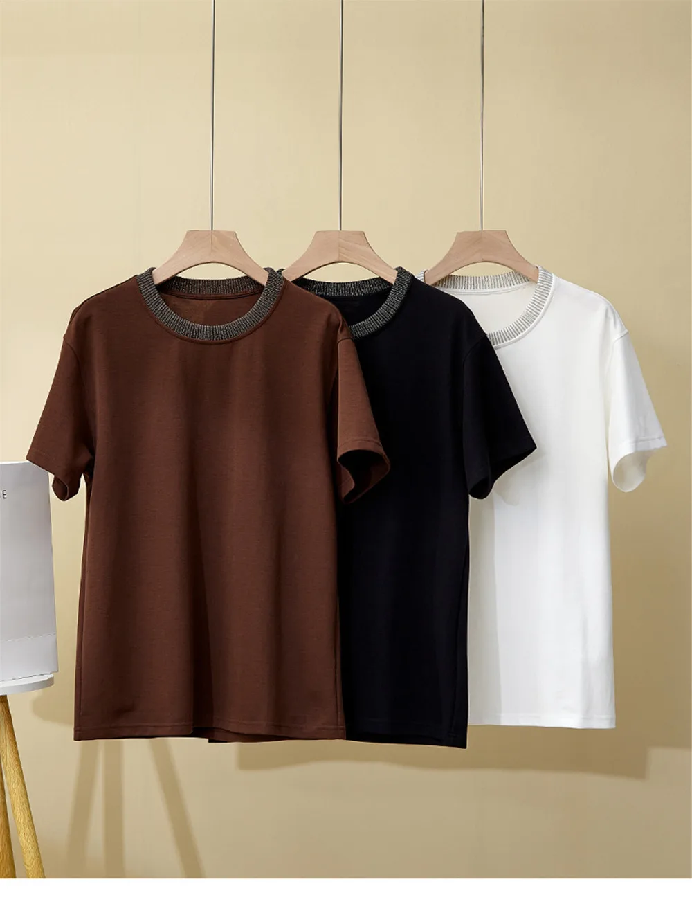 Summer Women Short Sleeved Bead Chain Round Neck Loose Casual Versatile T-Shirt Top