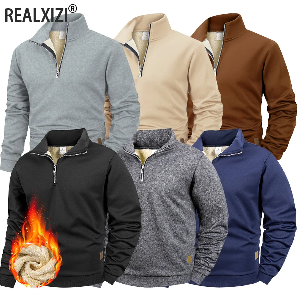 Winter Men's Warm Fleece Thicken Long Sleeve Pullover Solid Color Half Zipper Sweatshirt Knitted Sweater Streetwear Jacket Top