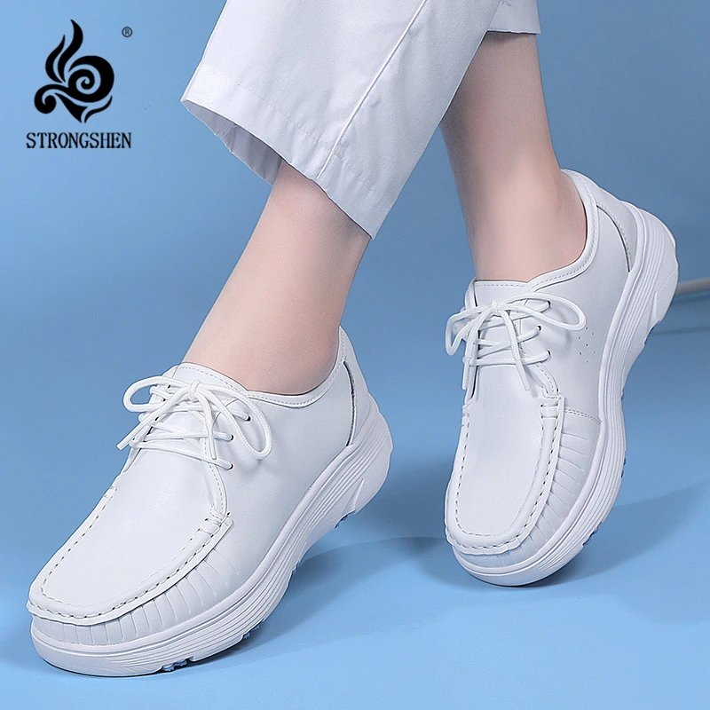 STRONGSHEN Platform White Shoes Women Nurse Shoes Casual Comfortable Light Work Shoes Fashion Slip on Non-slip Chaussure Femme