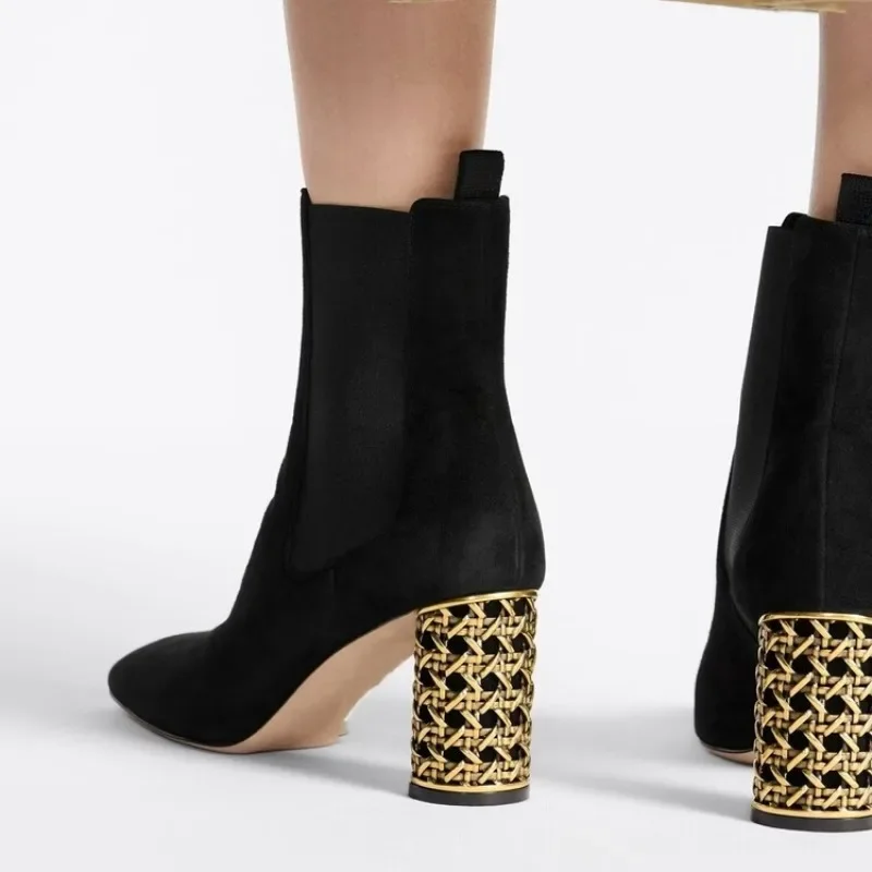 New Black Suede Personalized Hollow Out Heel Short Boots Autumn Winter Fashion Commuting Shopping Women's Ankle Boots Size 34-43