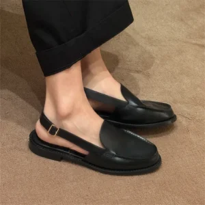 Solid Round Head Loafers Fall Buckle Strap Women Shoes Fashion Girls Sandals Leather Slip on Flats Zapatos Mujer