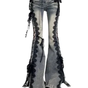 Retro Eyelets Lace Up Flare Jeans Stitch Lace Whiskers Slim Low Rise Split Bootcut Pants Women Bell Bottoms Streetwear