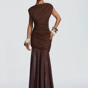 JULISSA MO Patchwork Sexy Sleeveless Ruched Mesh Women Maxi Dress Coffee Round Neck See Through Slim Elegant Party Evening Dress