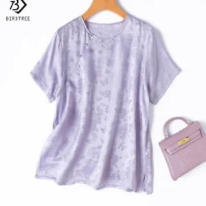 Birdtree 100% Mulberry Silk Tshirts,Summer Women Satin O Necks Straight Tops Purple Color Short Sleeve Tees New 2025 T55605JF
