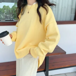 Basic Solid Color Loose Sweaters 2025 Autumn Winter Casual Round Neck Women's Clothing Long Sleeve Fashion Split Knitted Jumpers