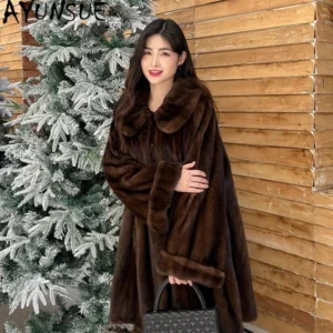 AYUNSUE High Quality Mink Fur Coat Woman 2025 Mid Length Winter Coats for Woman Luxury Fashion Woman Clothes Fourrures Femmes
