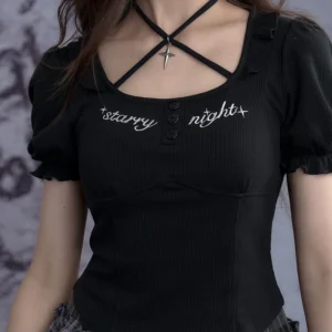 Elegant Girl Dark Halter Sweet Puff Sleeve Versatile Summer New Top Cute Slim Short Sleeve Square Neck Black Embroidered T-Shirt