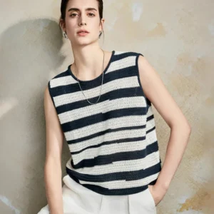 Cotton and linen Sleeveless Loose vest female New products for Spring/Summer 2025 Striped knitted top Hollowed-out design