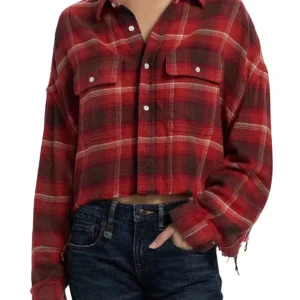 The 2025 autumn/winter new retro red checkered short frayed shirt, a spicy girl style distressed frayed casual top jacket