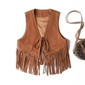 Retro Suede Tassel Vest For Women Genuine Leather Western Cowboy Style Deep V-neck Waistcoat Chic Tie Gilet
