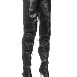 Thin Heeled Black Leather Thigh High Over The Knee Length Boots Women Super Pointed Toe High Heel Night Club Long Boot