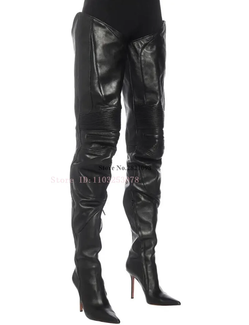 Thin Heeled Black Leather Thigh High Over The Knee Length Boots Women Super Pointed Toe High Heel Night Club Long Boot