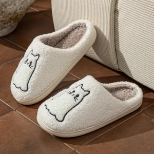 Fashion Women's Slippers Cute Line Cat Embroidery Winter Indoor Warm Soft Sole Exquisite Comfortable Couple Home Shoes