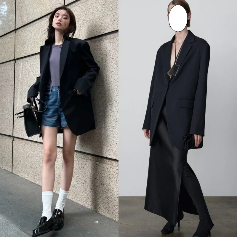 LUXURY Minimalist Blazer for Women with A High-end Feel, Crisp Black One Button Loose Jacket Coat, 2025 Autumn