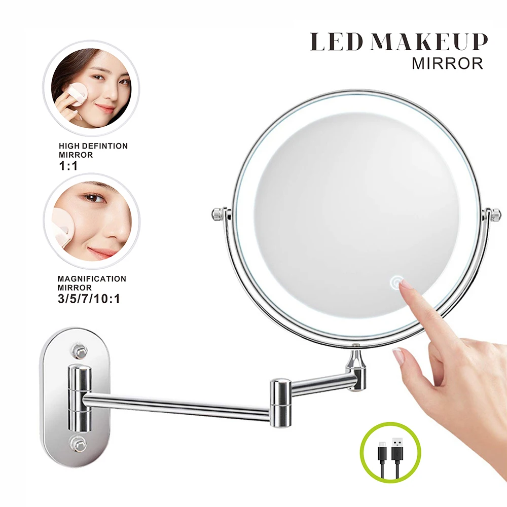 8 inch Makeup Mirror Chrome 3x/5x/7x/10x Magnifying Double Side USB Charging Bathroom 3 color light Smart Cosmetic Mirrors