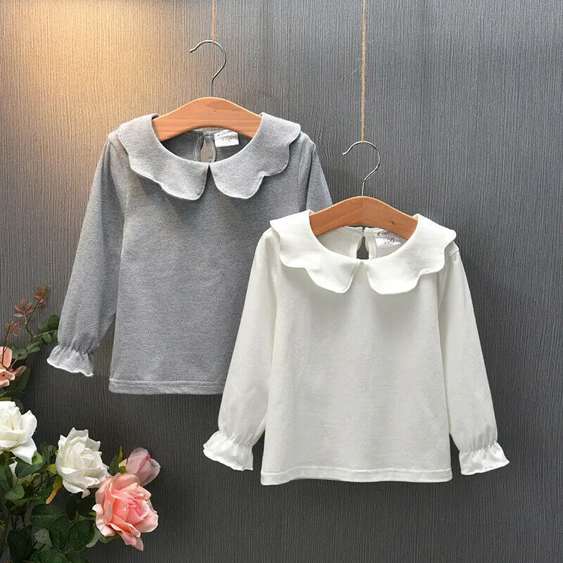 1-7years Girl T-Shirt Collar Bow Knot Blouse Top Ruffle T Shirt For Girls Spring Autumn Casual T-Shirt Pullover