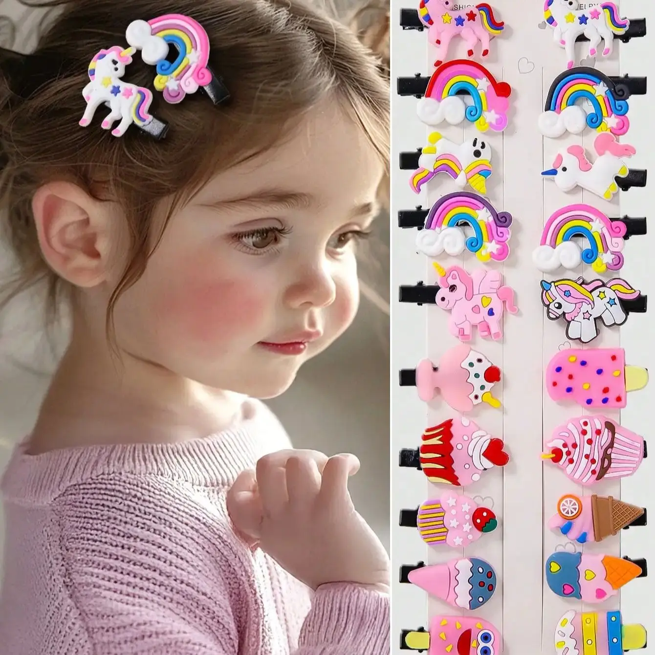 20pcs/Set Toddler Girls Cute Ice Cream & Rainbow Hair Clips, Hair Accessories For Princess, Daily Use
