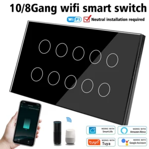 WIFI Smart Touch Light Wall Switch Interruptor Glass Panel 8/10 Gang 147*86mm Work Tuya APP Whole house intelligent control