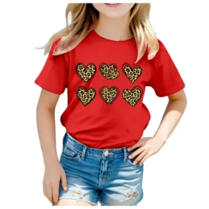INS Girls Leopard Print Three Hearts Printed Short-sleeved Girls Round Neck T-shirt Kids Clothes