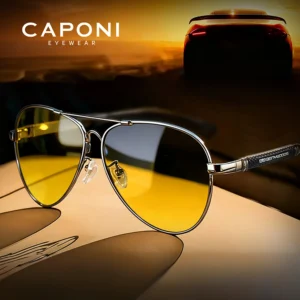 CAPONI Pilot Style Sunglasses Men Driving Night Vision Magnesium Aluminum Yellow Sun Glasses Photochromic Brown Eyewear BSYS9812