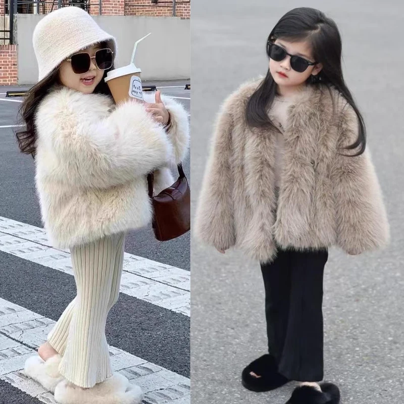 Fake Fur Girls Jacket Autumn Winter New Solid Color Thick Keep Warm Single-Breasted Coat For 3-10 Years Girls Fashion Outerwear