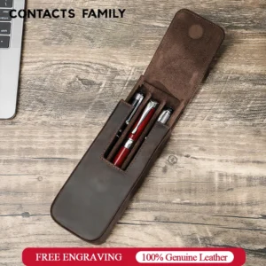 CONTACTS FAMILY Genuine Leather 3 Slots Pen Case With Removable Pen Tray Holder Pencil Case Men Woman Girls Office School Pouch