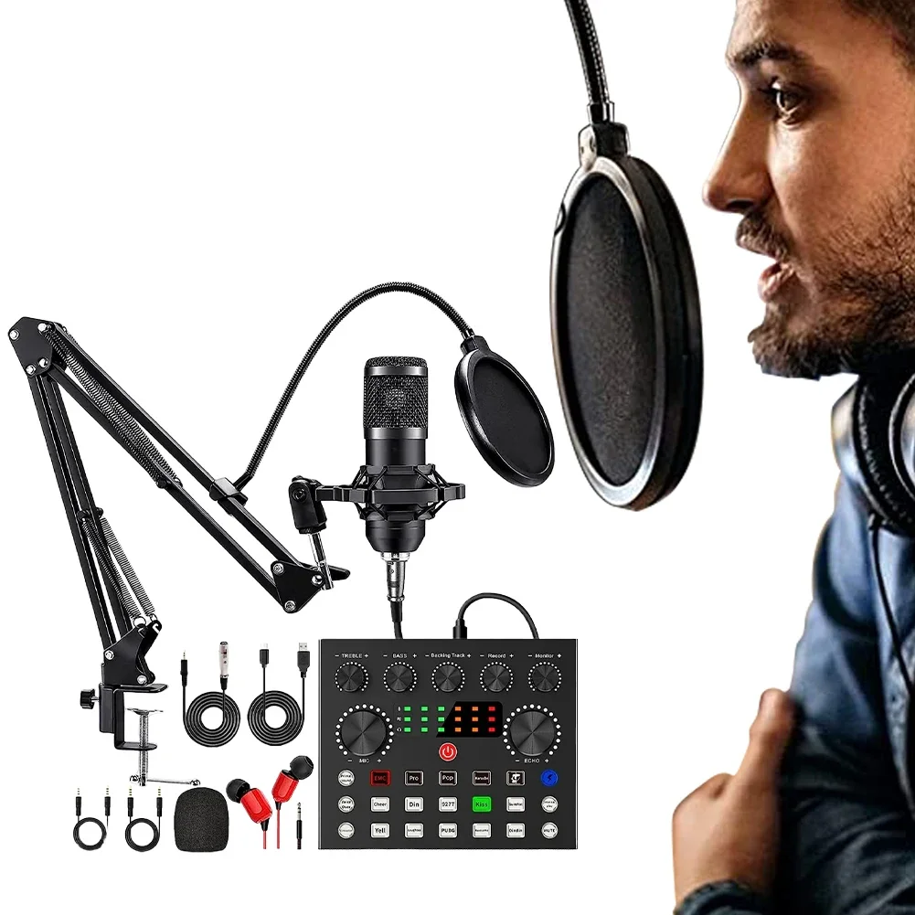 V8s BM800 Podcast Sound Card Set Professional Audio Condenser Mic Studio Microphone for Karaoke Podcast Recording Live Streaming