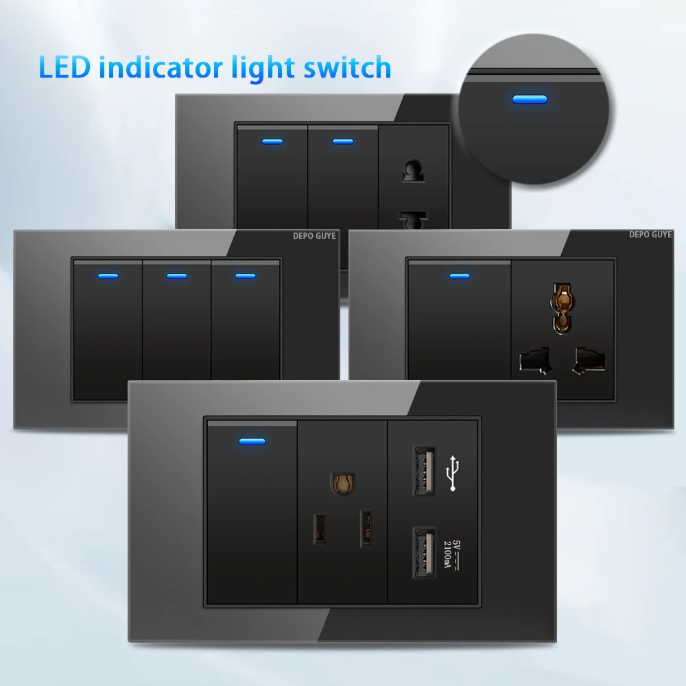 118 Type Tempered Glass Panel Wall LED Switch US Thai Standard USB Type-C 20W Fast Charging Power Outlet Wall Universal Socket
