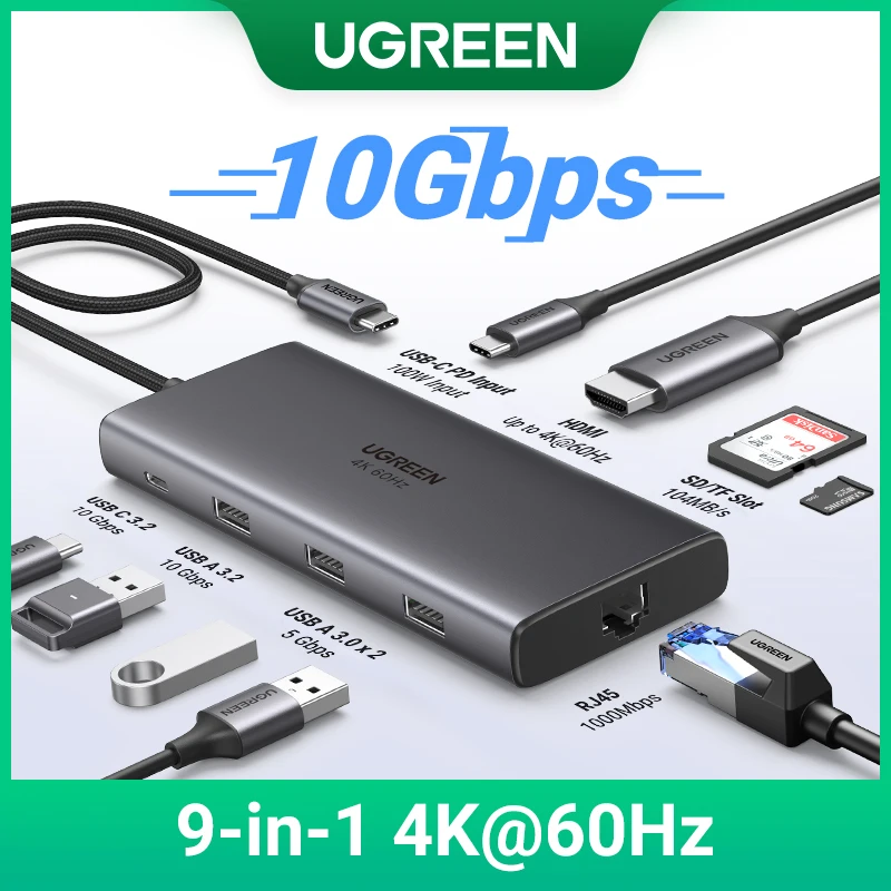 UGREEN 9-in-1 USB HUB Type-C to 4K60Hz HDMI 10Gbps USB C&A 1000Mbps RJ45 PD100W SD&TF for Laptop Accessories MacBook Pro Dell HP