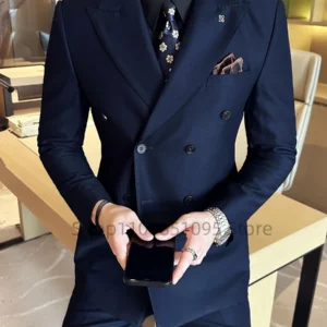 Fashion Navy Blue Business Men Suit Groom Wedding Party Prom Formal Occasion Tuxedos 2 Piece Clothes Set Peak Lapel Blazer Pants