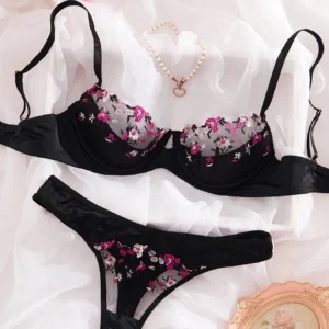 Floral Embroidery Lace Bras Set Women Sheer 2-Piece Sexy Bra + Panties Lingerie Fashion Underwear Set Intimates
