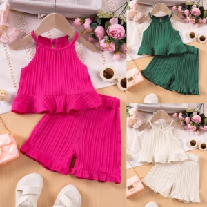 2025 New Girls' Summer Fashion Sets Sleeveless Ruffle Tank Top & Shorts Solid Color Two-Piece Outfit for Toddler Girls