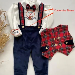 0-6Y Baby Boy Set Autumn Winter Custom Name Red Plaid Rompers Deer Embroidery Shirt for Eid Causal Christmas C143