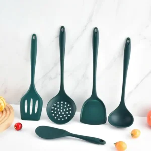 5Pcs Food Grade Silicone Kitchen Utensils Set Heat Resistant Non-Stick Spatula Ladle Slotted Spoon Cooking Tools Green