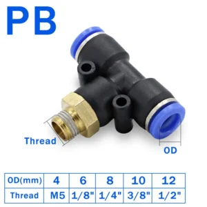 20/50PCS PB Tee T type Pneumatic Fitting Quick Connector 6-12mm Hose Tube to 1/8 1/4 3/8 1/2 Thread Air Compressor Joint Coupler