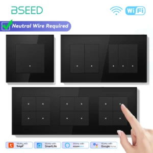 BSEED 1/2/3/4Gang 2Way Smart WIFI Light Switch Click Button Switch Support Tuya Smart Life Alexa Control Glass Panel Black Color