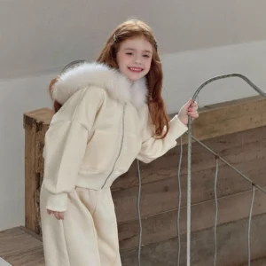 2025 Autumn Winter Children Clothing Children Foot Binding Pant Set Korean Girls Thick Plush Casual Two Piece Set