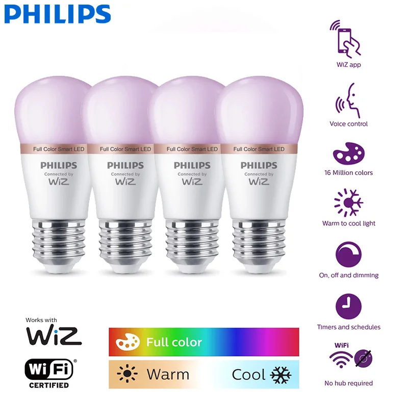 Philips 4PCS LED Smart Mini Ball E27 Bulbs WiZ 4.9W P45 Wi-Fi & Bluetooth 220-240V Full Color Light Frosted Dimmable P Lamps