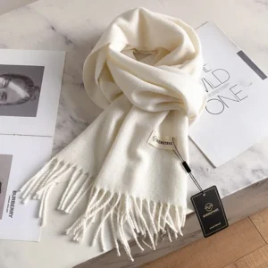Winter White Wool Blend Scarf Women Fringe Luxury Warm Unisex Fashion Korea Style Couple Neck Wrap