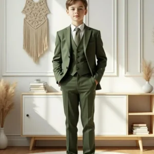 Green Smart Kids Suit Set Jacket Vest Pants 3 Pieces School Activities Wear Spring Notched Lapel Boys Suits Performance Tuxedo