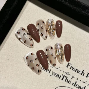 Handmade Press on Nails Gold Brown Leopard Print False Nails with Crystal Cat Eye Champagne Diamond Sweet Cool Fake Nail Tips