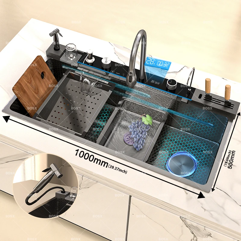 Kitchen Sink Stainless Steel Waterfall Sinks Extra Large Single Slot with Digital Display Faucet Set For kitchen