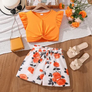 Kids Clothing Sets Tween Girls Outfit Orange Knot-Hem Crop-Top & Flowers Parinted Shorts 2PCS Summer Vacation Sets