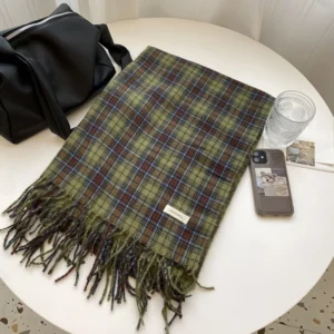 Vintage Green Plaid Tassel Scarf Women Imitation Cashmere Thickened Warmth Autumn Winter Shawl Wrap Scarves